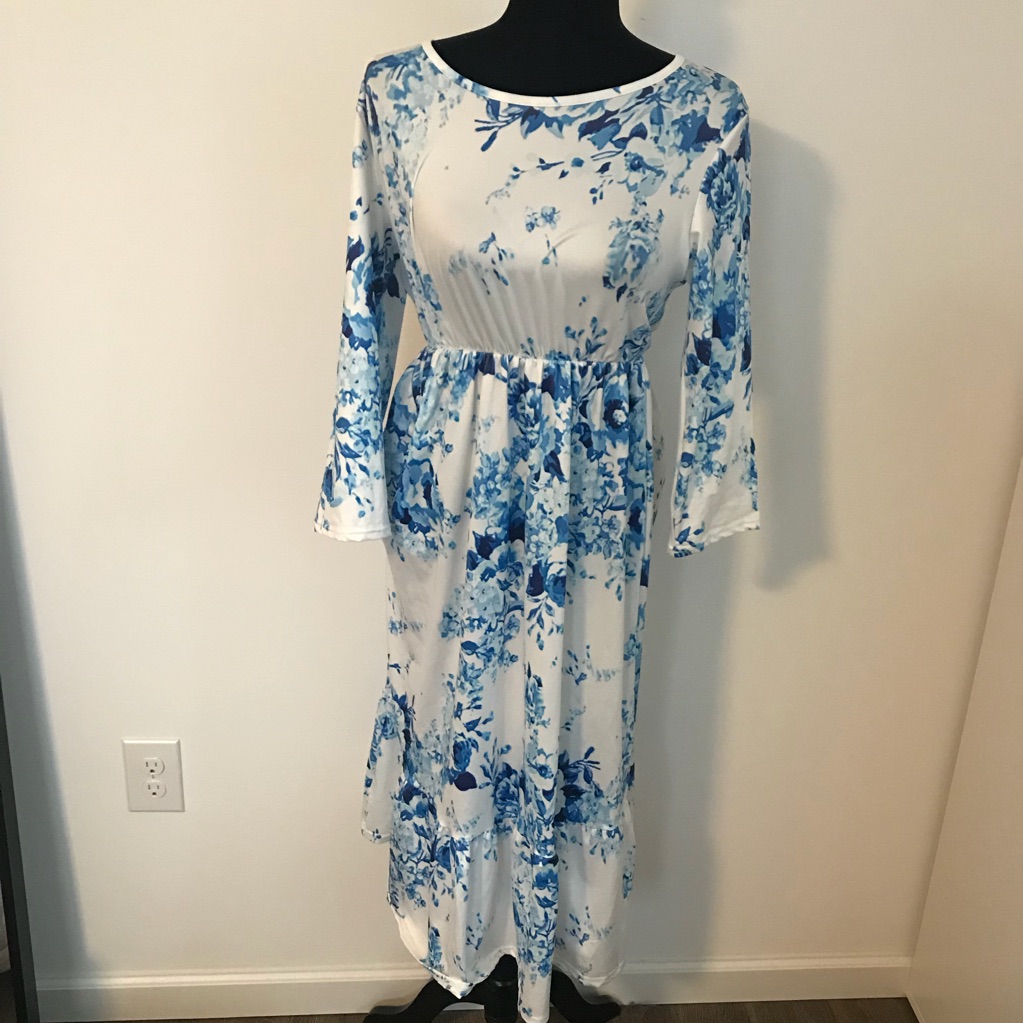 Soft & Stretchy Blue And White Floral Long Dress